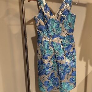 Kay Unger Blue and Silver Floral Midi Dress